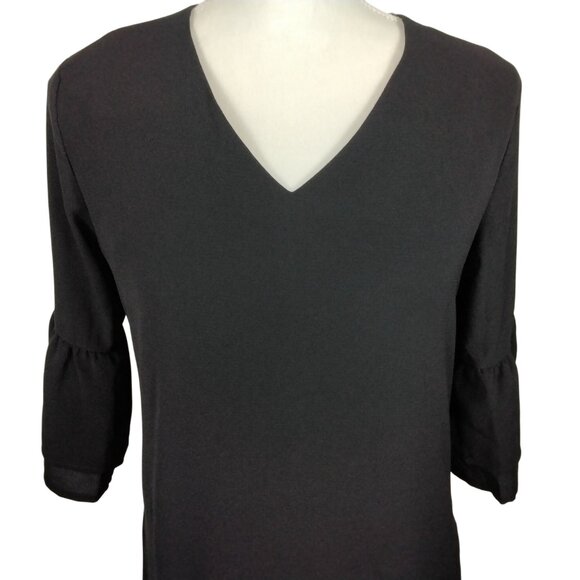 Womens Black Bell Sleeve Shift Small Mini Dress V-Neckline Party Cocktail Sexy - Picture 7 of 10